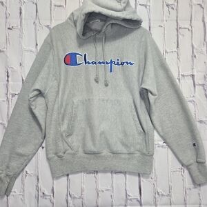 Champion Reverse Weave Light Gray Hoodie Mens Size Small Stitched‎ Spellout Logo